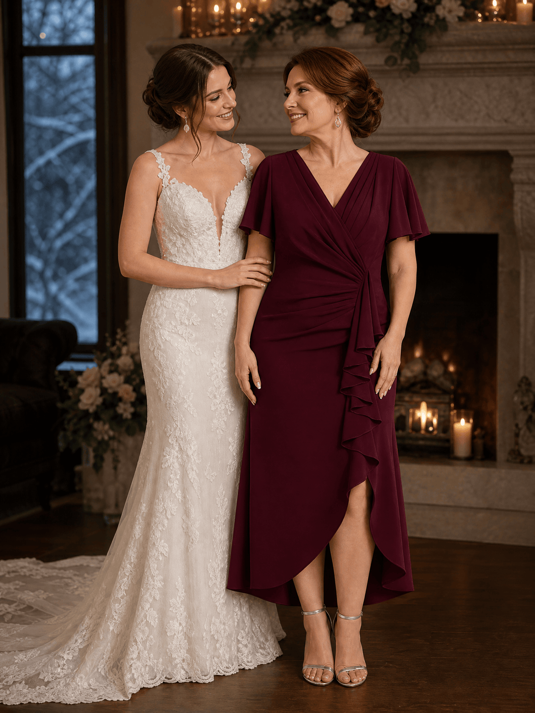 Thigh-High Slit Knit Ruffle Sleeve Wedding Guest Dress