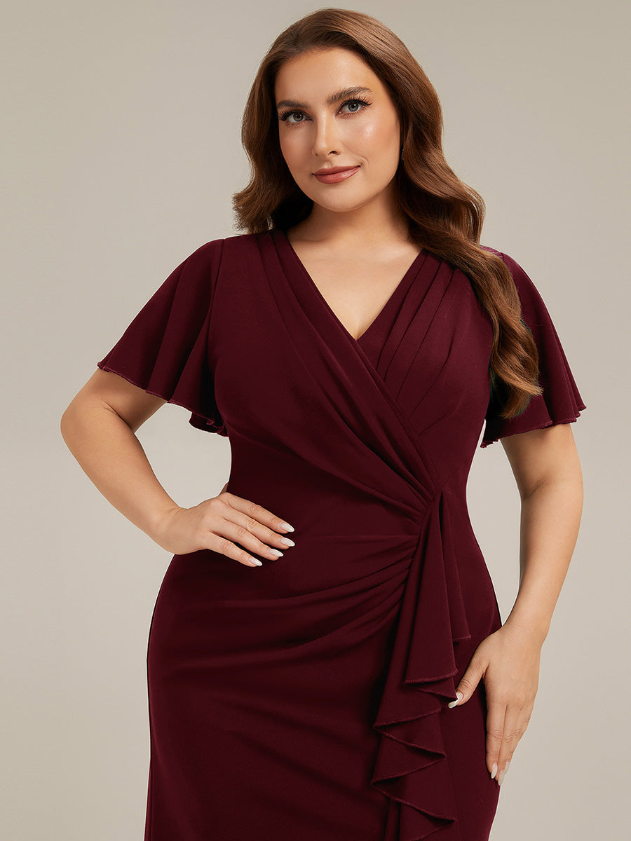 Thigh-High Slit Knit Ruffle Sleeve Wedding Guest Dress