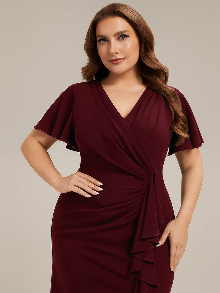 Thigh-High Slit Knit Ruffle Sleeve Wedding Guest Dress