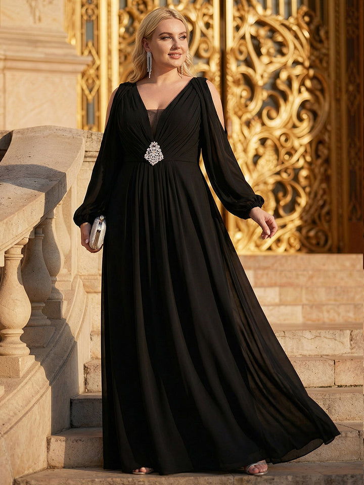 ever MARINA|Rhinestone Embellished Chiffon Lantern Sleeve Wedding Guest Dress