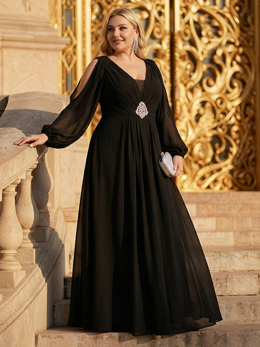 ever MARINA|Rhinestone Embellished Chiffon Lantern Sleeve Wedding Guest Dress