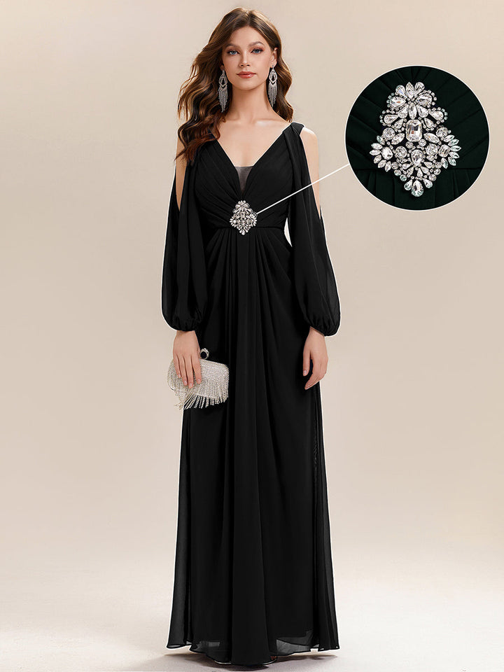 ever MARINA|Rhinestone Embellished Chiffon Lantern Sleeve Wedding Guest Dress