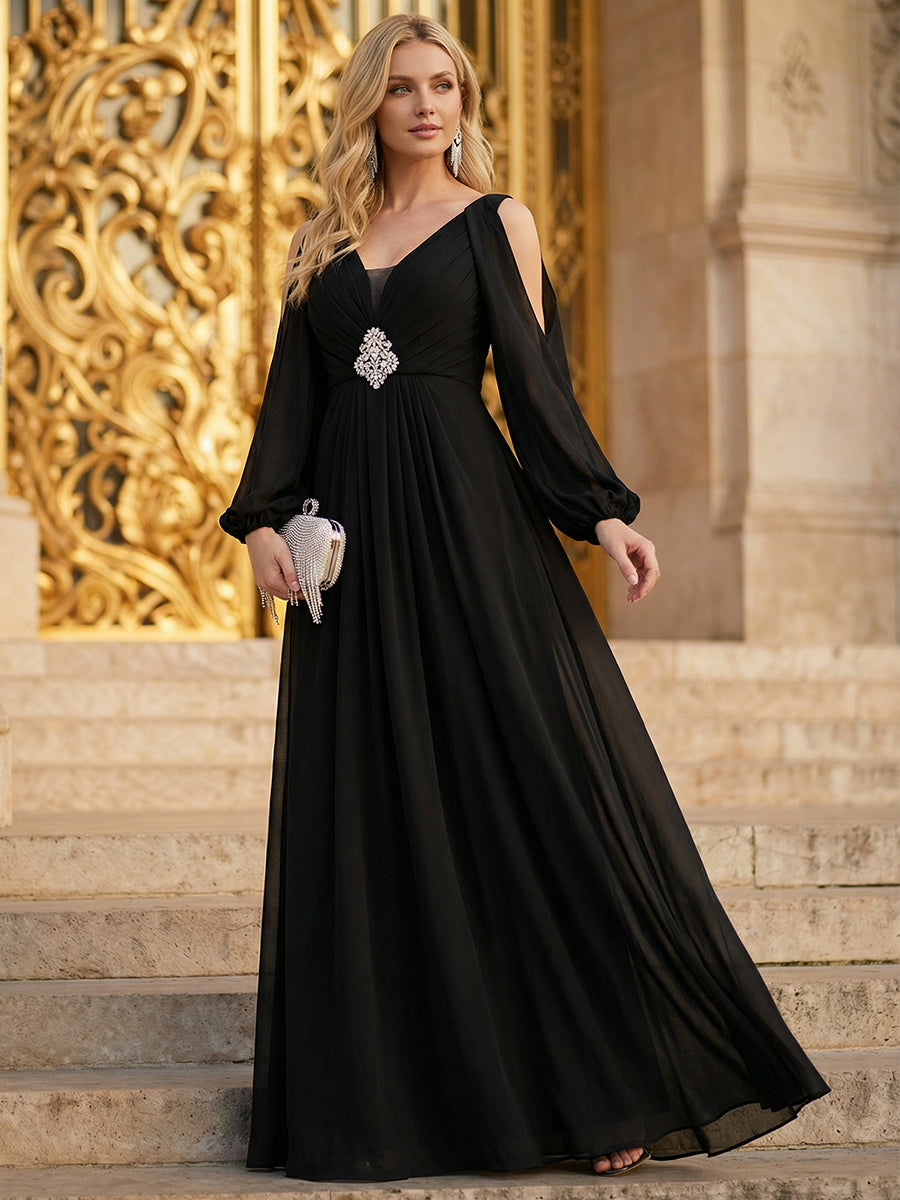 ever MARINA|Rhinestone Embellished Chiffon Lantern Sleeve Wedding Guest Dress