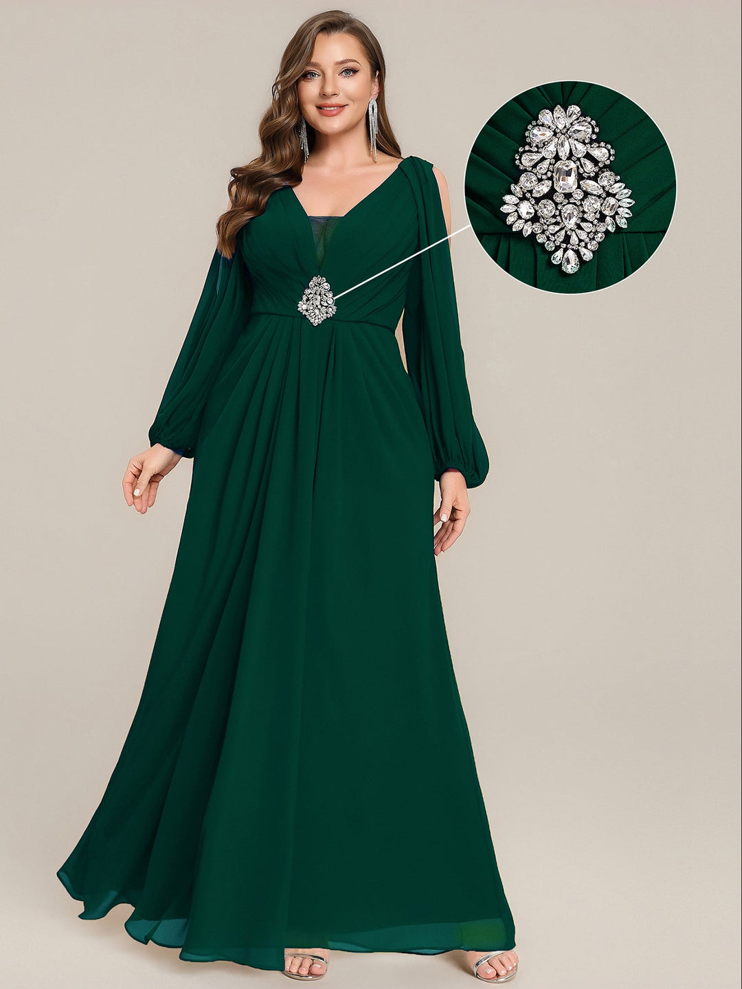 ever MARINA|Rhinestone Embellished Chiffon Lantern Sleeve Wedding Guest Dress