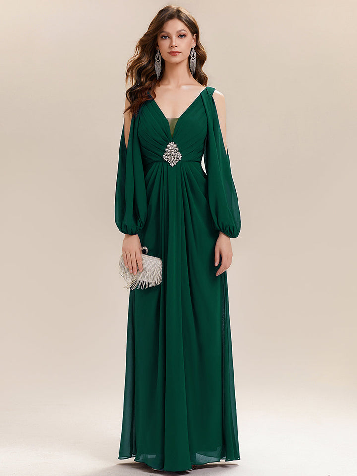 ever MARINA|Rhinestone Embellished Chiffon Lantern Sleeve Wedding Guest Dress