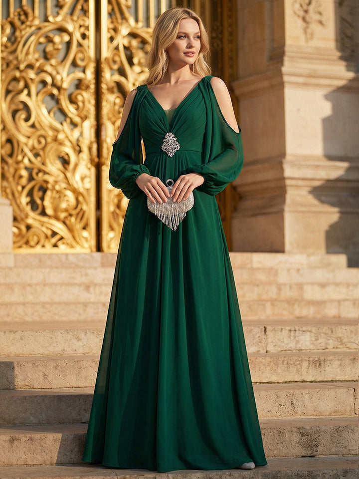 ever MARINA|Rhinestone Embellished Chiffon Lantern Sleeve Wedding Guest Dress