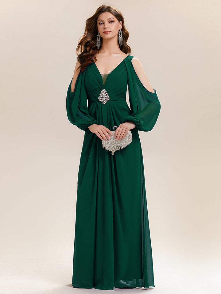 ever MARINA|Rhinestone Embellished Chiffon Lantern Sleeve Wedding Guest Dress