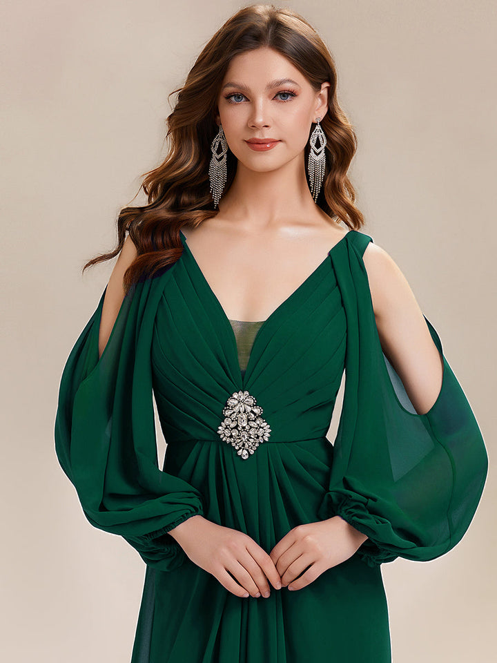 ever MARINA|Rhinestone Embellished Chiffon Lantern Sleeve Wedding Guest Dress