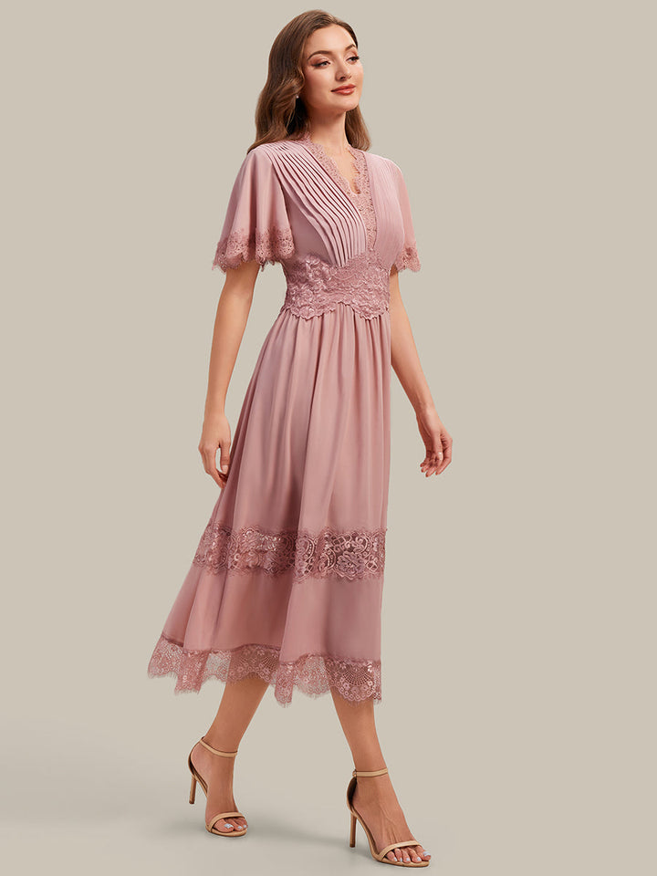 Cut-Out Detail Chiffon Ruffle Sleeve Wedding Guest Dress