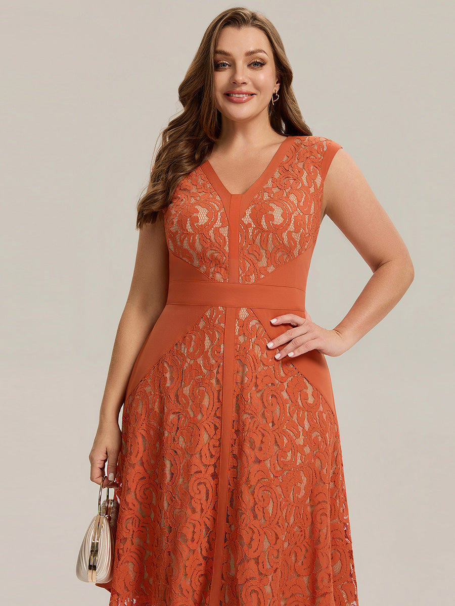 pretty TOVE|Plus Size See-through Lace Sleeveless High Stretch Wedding Guest Dress