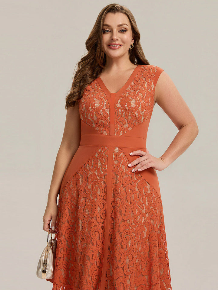 pretty TOVE|Plus Size See-through Lace Sleeveless High Stretch Wedding Guest Dress
