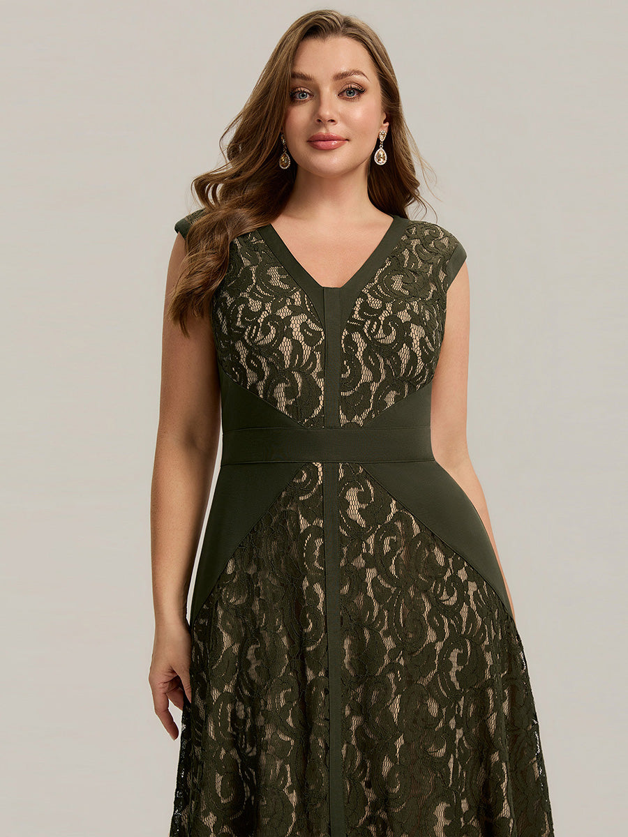 pretty TOVE|Plus Size See-through Lace Sleeveless High Stretch Wedding Guest Dress