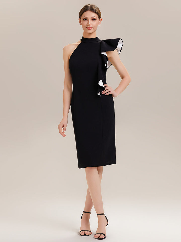 ever OBSIDIAN|Halter Sheath Ruffled Sleeveless Midi Wedding Guest Dress