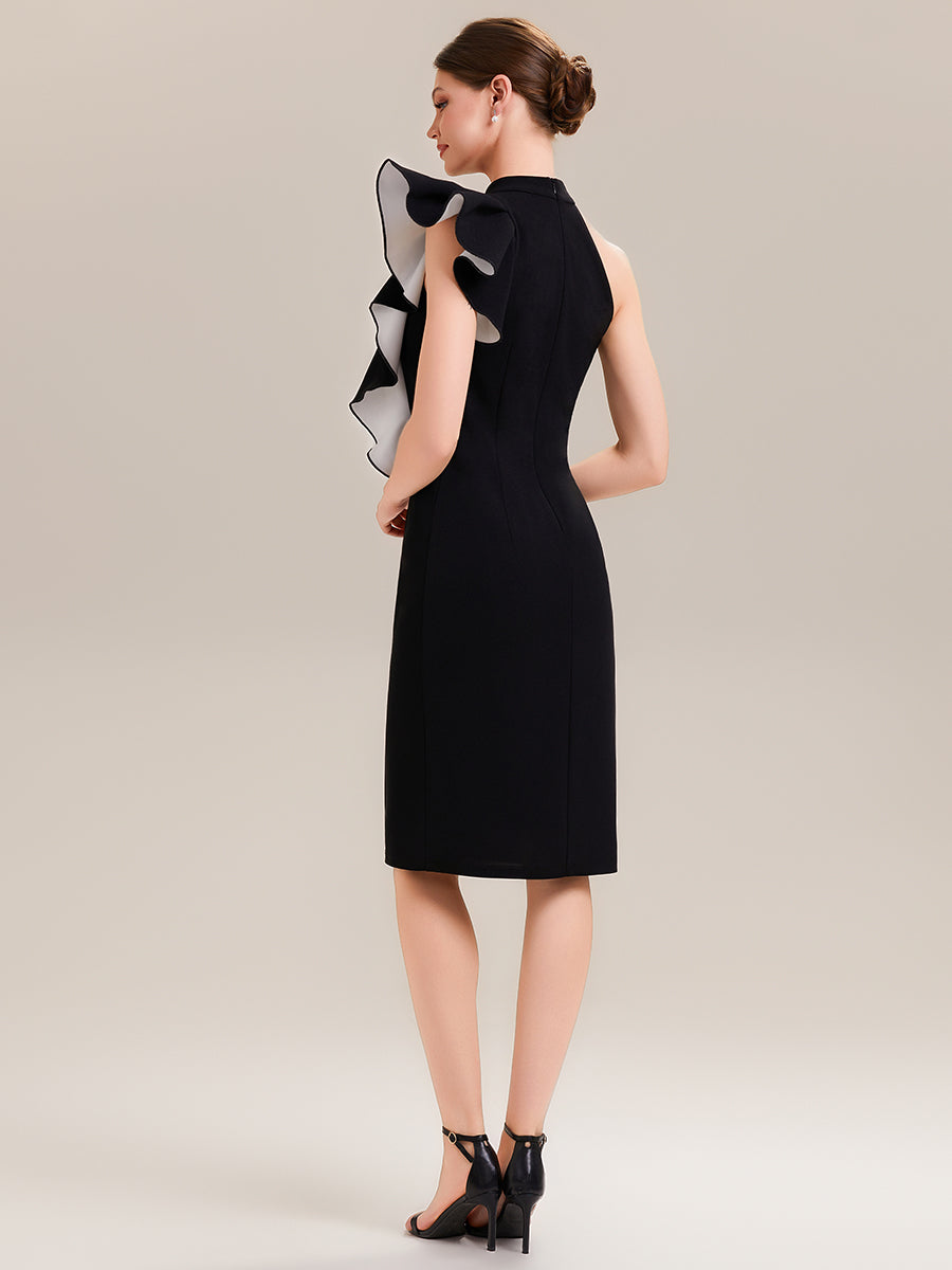 ever OBSIDIAN|Halter Sheath Ruffled Sleeveless Midi Wedding Guest Dress