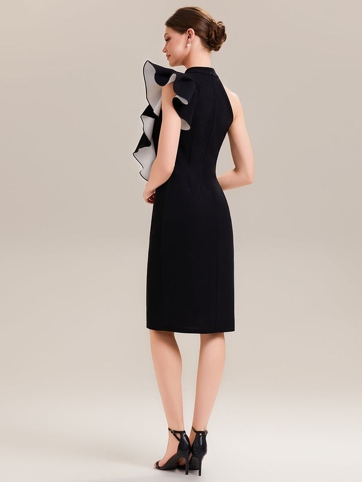 ever OBSIDIAN|Halter Sheath Ruffled Sleeveless Midi Wedding Guest Dress
