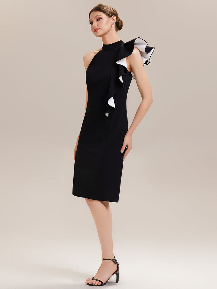 ever OBSIDIAN|Halter Sheath Ruffled Sleeveless Midi Wedding Guest Dress