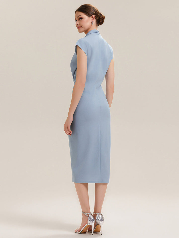 V-Neck Knit Slit Midi Wedding Guest Dress With Sleeves