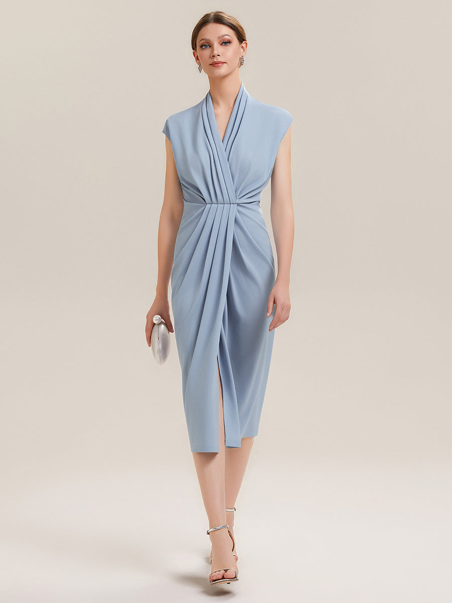 V-Neck Knit Slit Midi Wedding Guest Dress With Sleeves