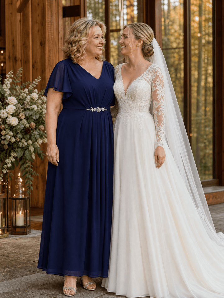 Rhinestone Embellished Chiffon Ruffle Sleeve Wedding Guest Dress