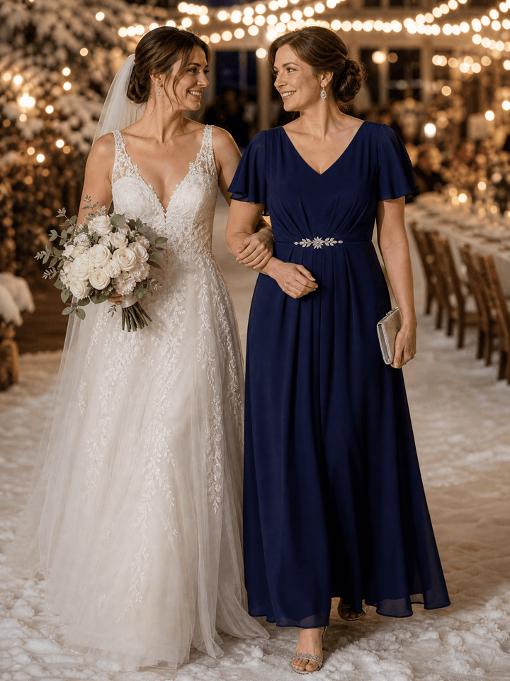 Rhinestone Embellished Chiffon Ruffle Sleeve Wedding Guest Dress