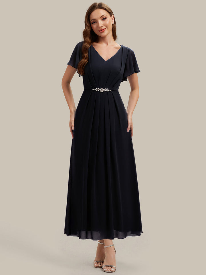 Rhinestone Embellished Chiffon Ruffle Sleeve Wedding Guest Dress