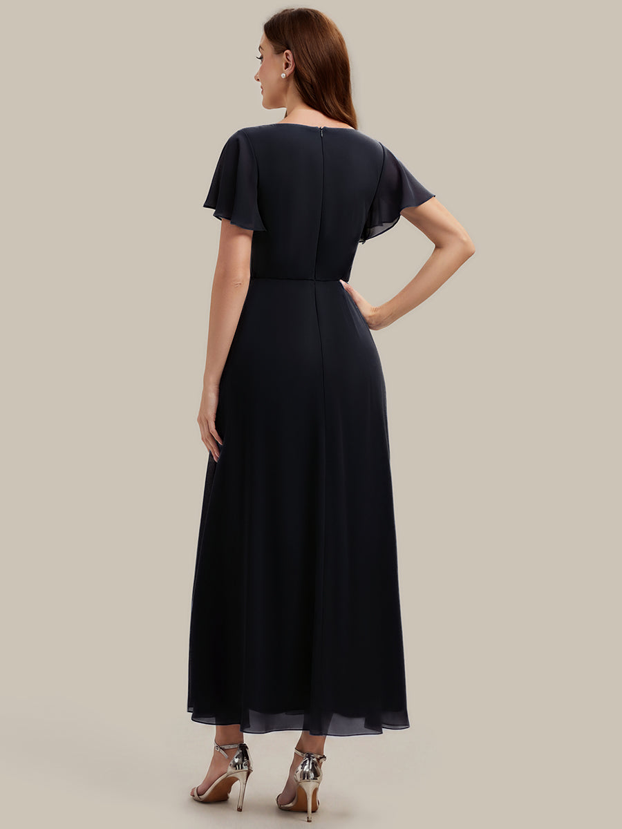 Rhinestone Embellished Chiffon Ruffle Sleeve Wedding Guest Dress