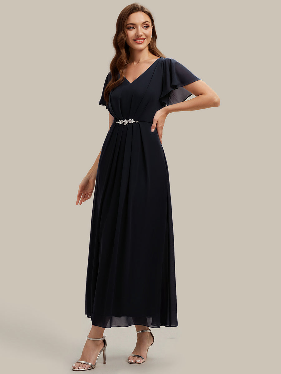Rhinestone Embellished Chiffon Ruffle Sleeve Wedding Guest Dress