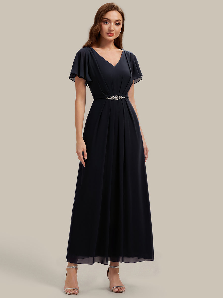 Rhinestone Embellished Chiffon Ruffle Sleeve Wedding Guest Dress