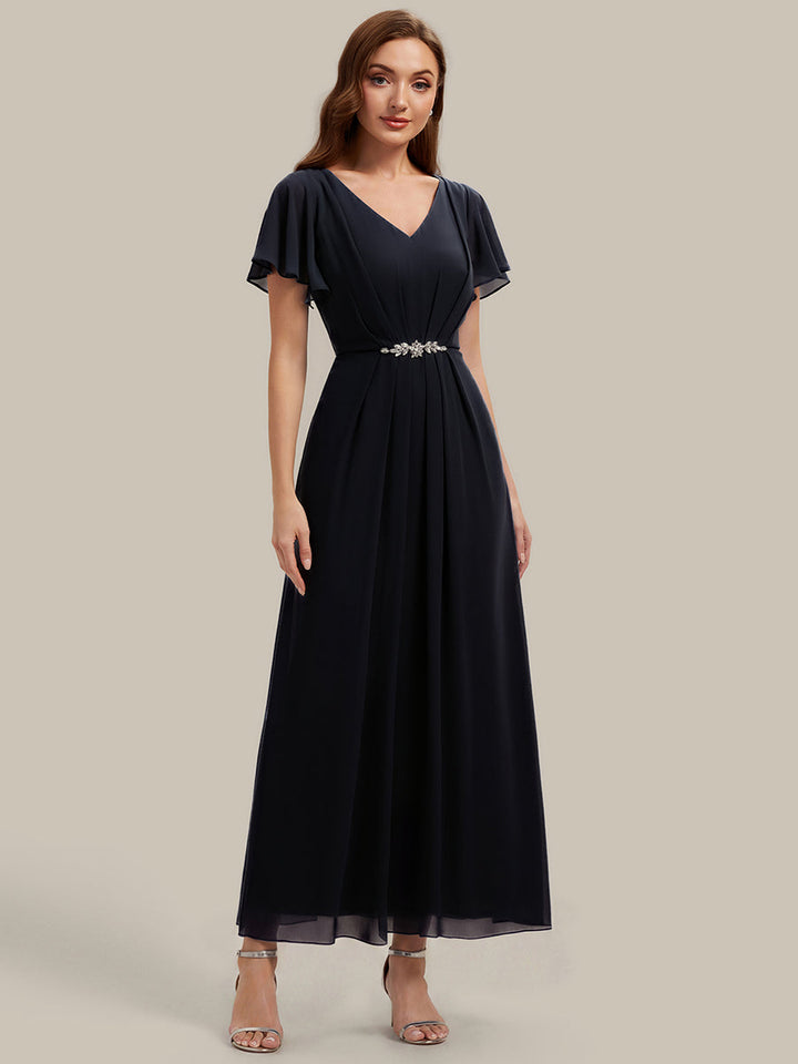 Rhinestone Embellished Chiffon Ruffle Sleeve Wedding Guest Dress