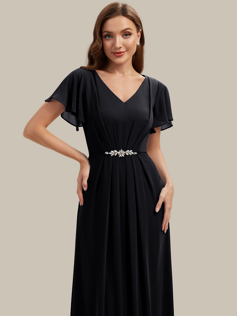 Rhinestone Embellished Chiffon Ruffle Sleeve Wedding Guest Dress