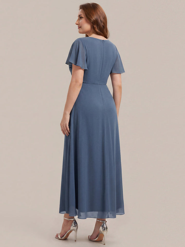 Rhinestone Embellished Chiffon Ruffle Sleeve Wedding Guest Dress