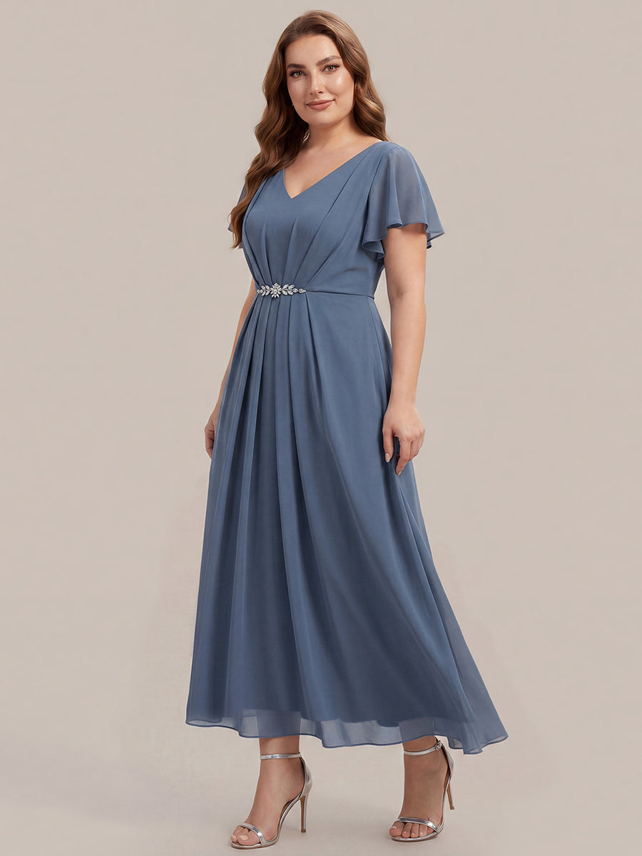 Rhinestone Embellished Chiffon Ruffle Sleeve Wedding Guest Dress