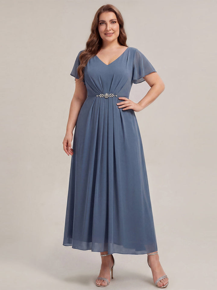 Rhinestone Embellished Chiffon Ruffle Sleeve Wedding Guest Dress