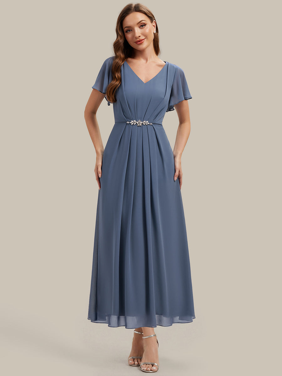 Rhinestone Embellished Chiffon Ruffle Sleeve Wedding Guest Dress