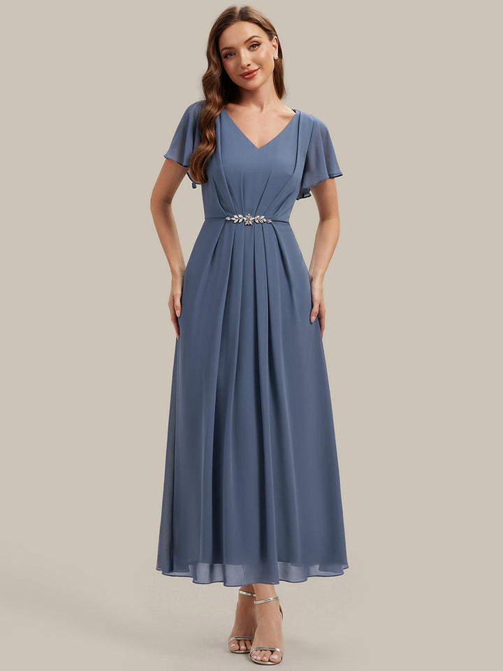 Rhinestone Embellished Chiffon Ruffle Sleeve Wedding Guest Dress