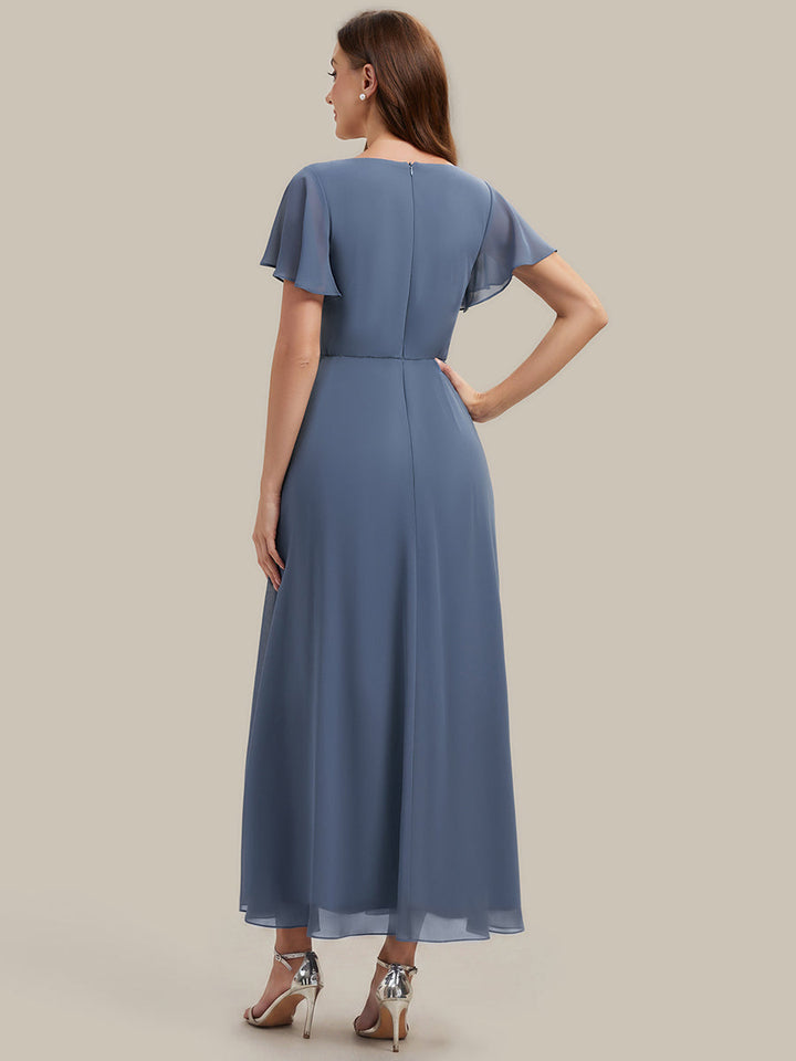 Rhinestone Embellished Chiffon Ruffle Sleeve Wedding Guest Dress
