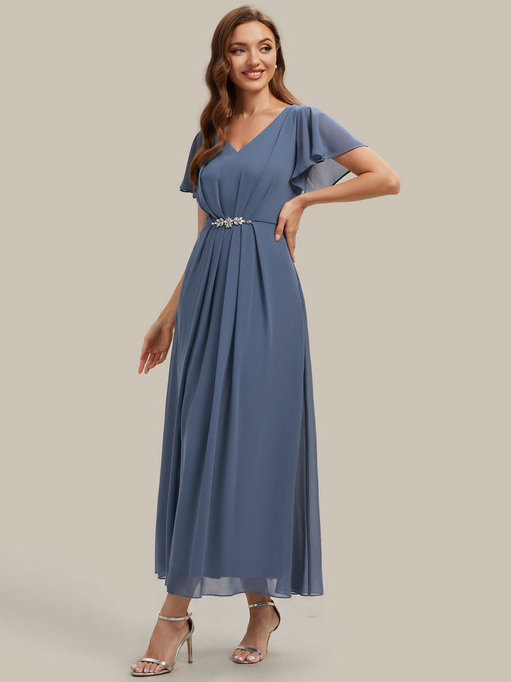 Rhinestone Embellished Chiffon Ruffle Sleeve Wedding Guest Dress