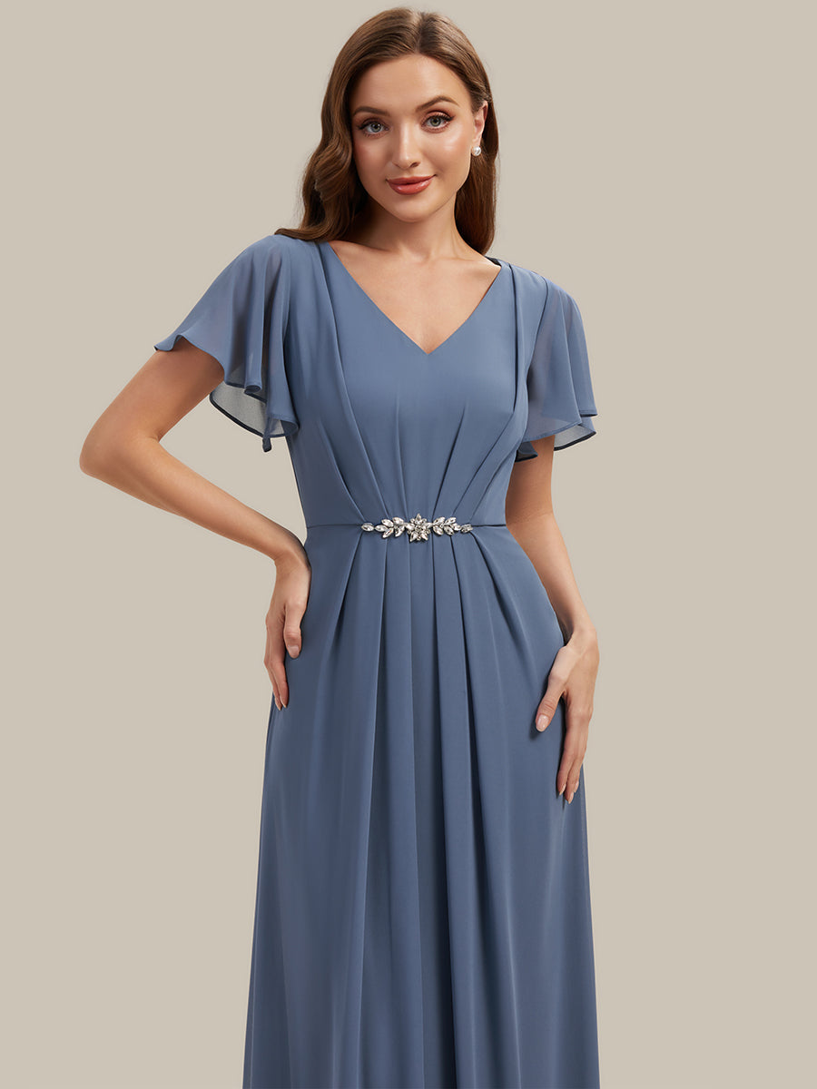 Rhinestone Embellished Chiffon Ruffle Sleeve Wedding Guest Dress