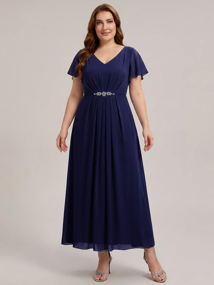 Rhinestone Embellished Chiffon Ruffle Sleeve Wedding Guest Dress