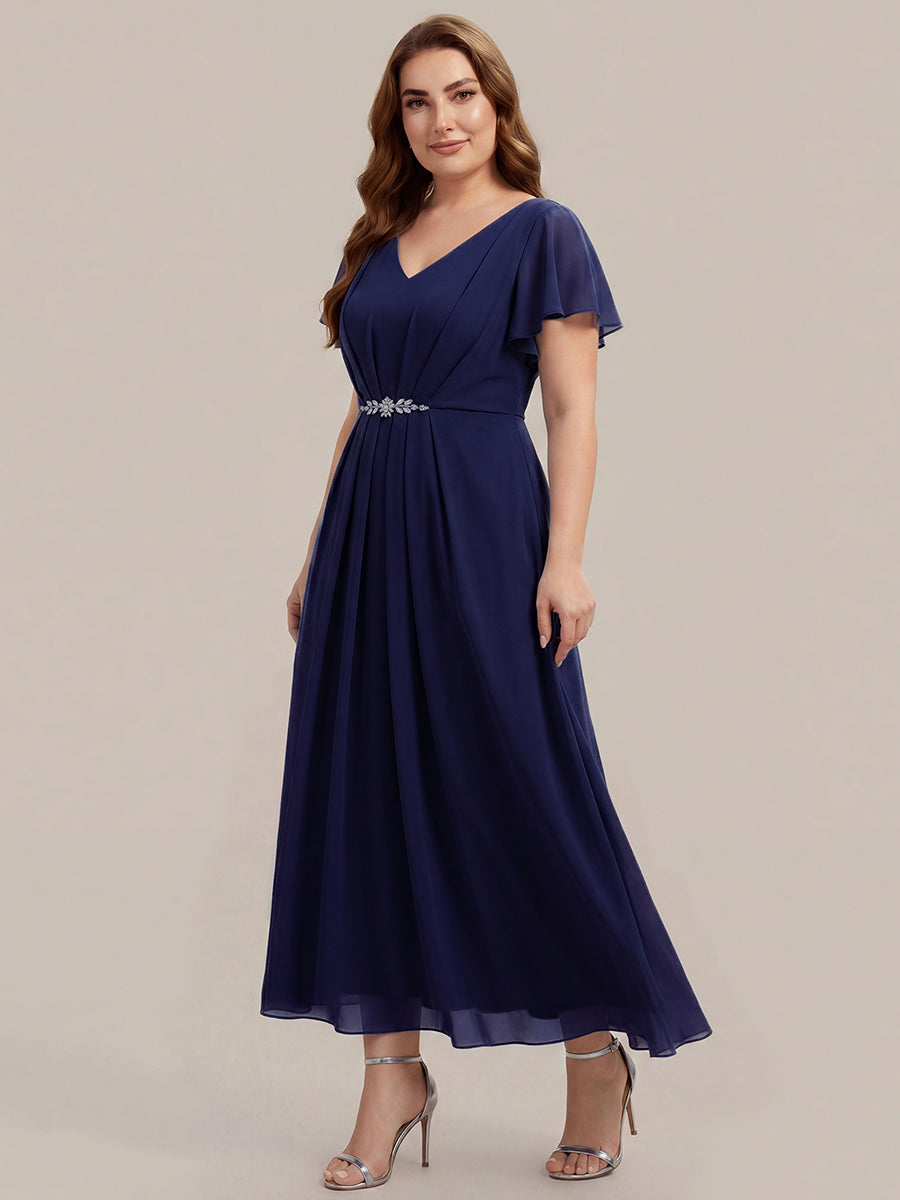 Rhinestone Embellished Chiffon Ruffle Sleeve Wedding Guest Dress