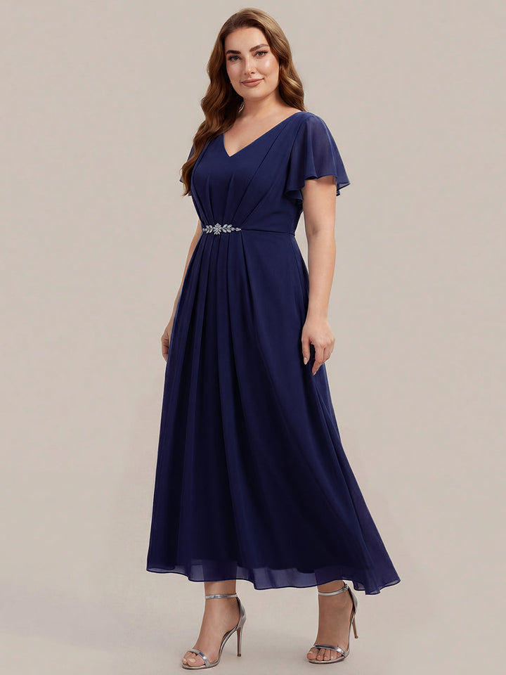 Rhinestone Embellished Chiffon Ruffle Sleeve Wedding Guest Dress