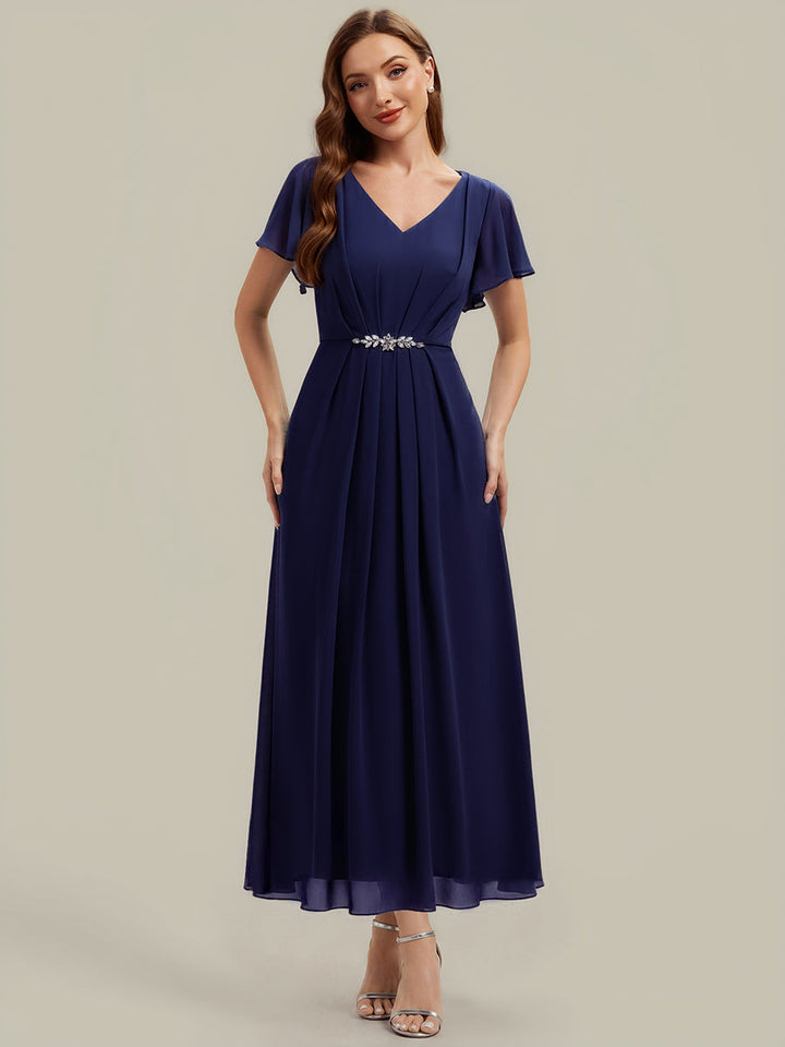 Rhinestone Embellished Chiffon Ruffle Sleeve Wedding Guest Dress