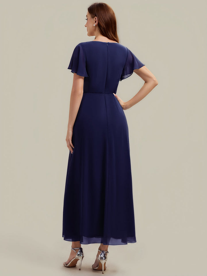 Rhinestone Embellished Chiffon Ruffle Sleeve Wedding Guest Dress