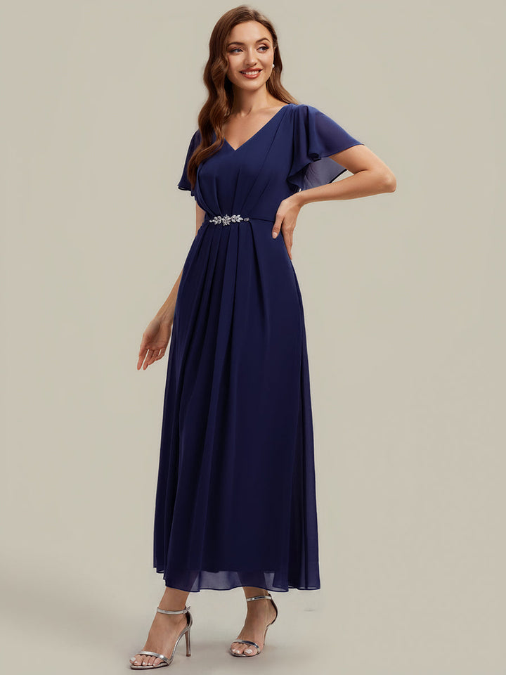 Rhinestone Embellished Chiffon Ruffle Sleeve Wedding Guest Dress