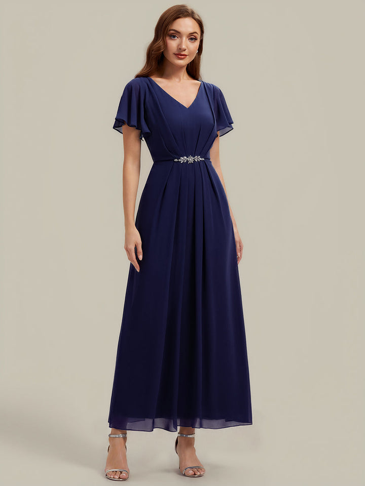 Rhinestone Embellished Chiffon Ruffle Sleeve Wedding Guest Dress