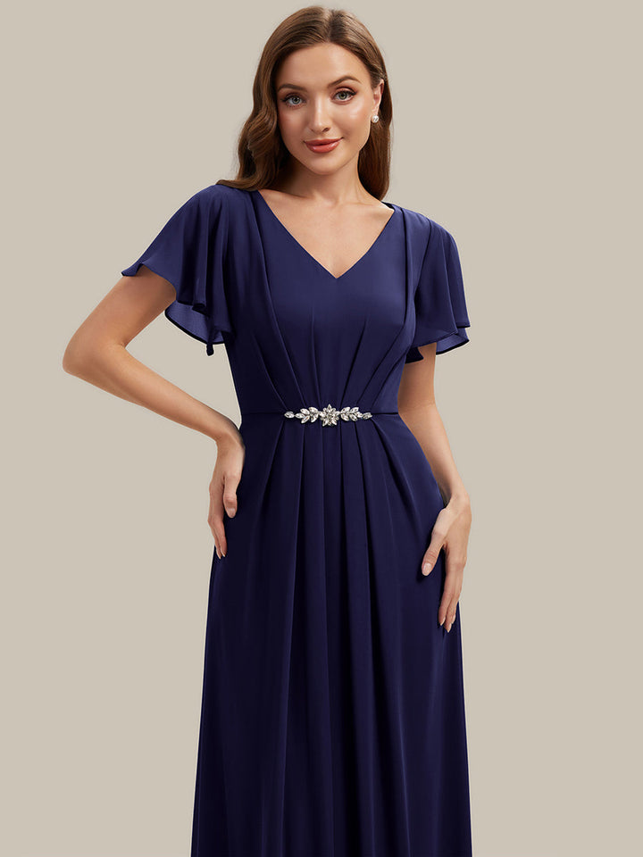 Rhinestone Embellished Chiffon Ruffle Sleeve Wedding Guest Dress
