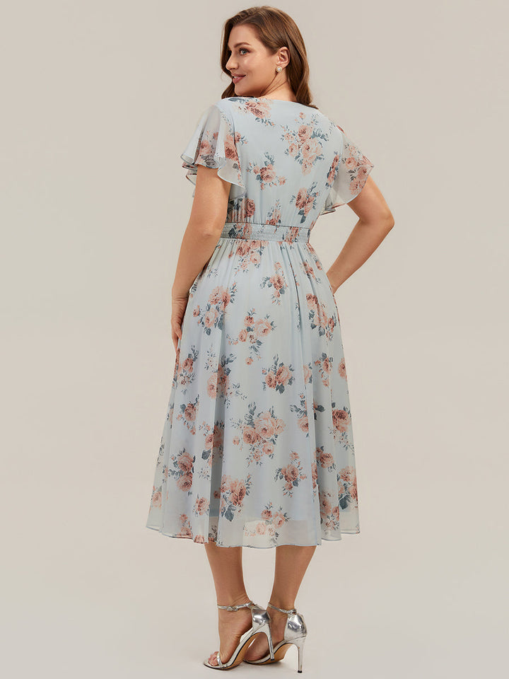 Plus Size Chiffon Ruffle Sleeve Wedding Guest Dress