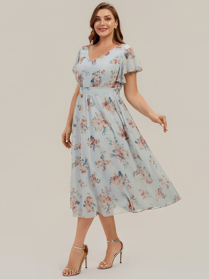 Chiffon Ruffle Sleeve A-Line Wedding Guest Dress