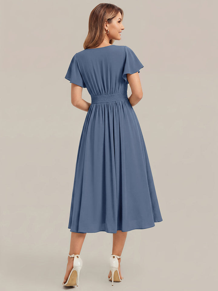 Chiffon Ruffle Sleeve A-Line Wedding Guest Dress