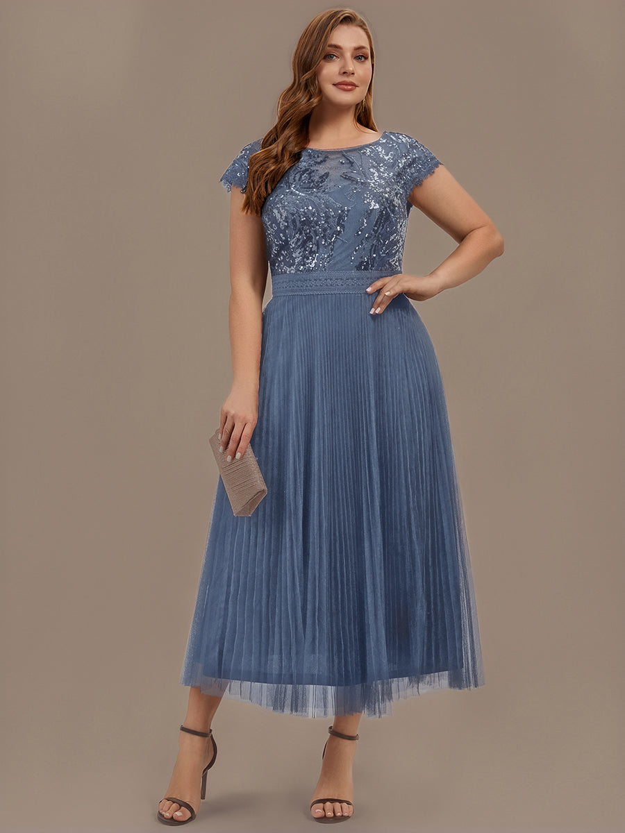 See-through Glitter Cap Sleeve A-Line Wedding Guest Dress